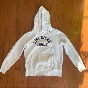 American Eagle Cream Pullover Hoodie Black Logo Men’s Size Small